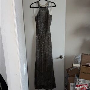 Adrianna Papell Glittering Silver Maxi Dress